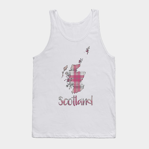 Scotland Pink, White and Grey Tartan Map Typography Design Tank Top by MacPean